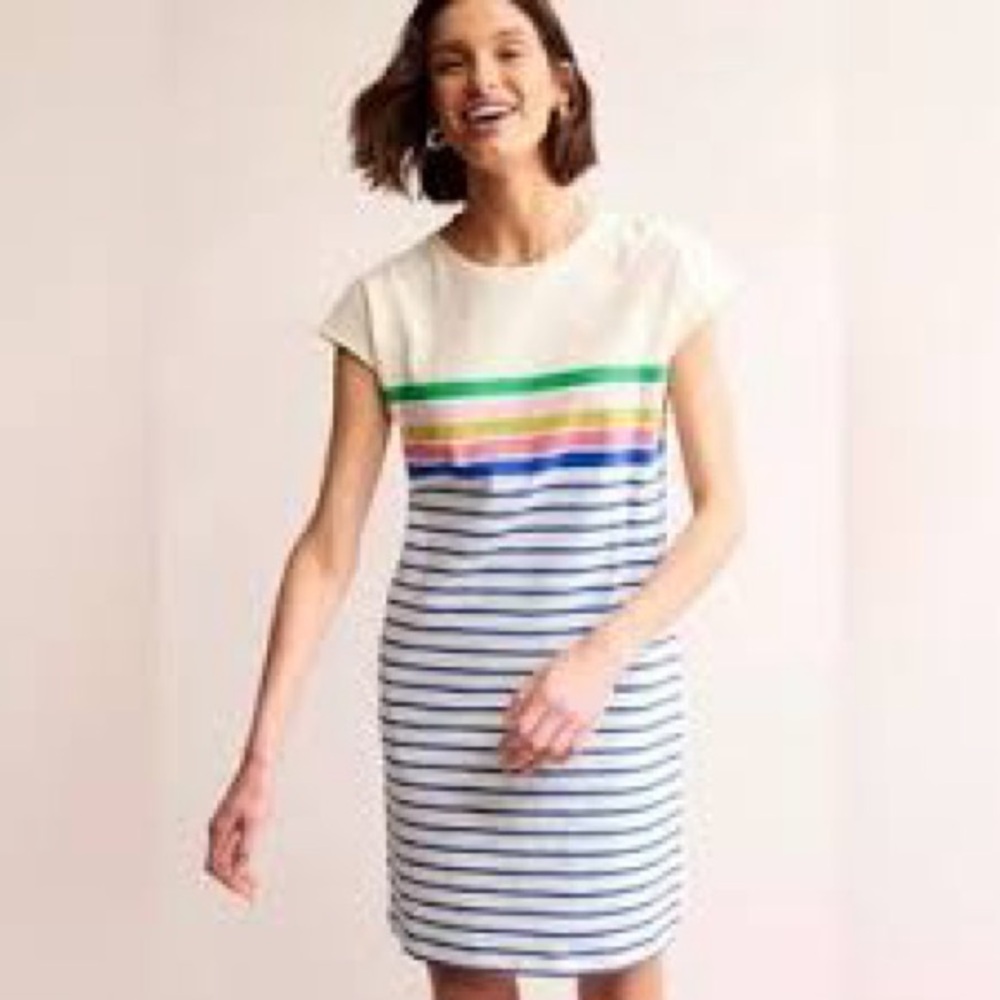 BODEN | Leah | Cap Sleeve Striped Cap Sleeve T-shirt Dress  | Ivory Multi | 6L